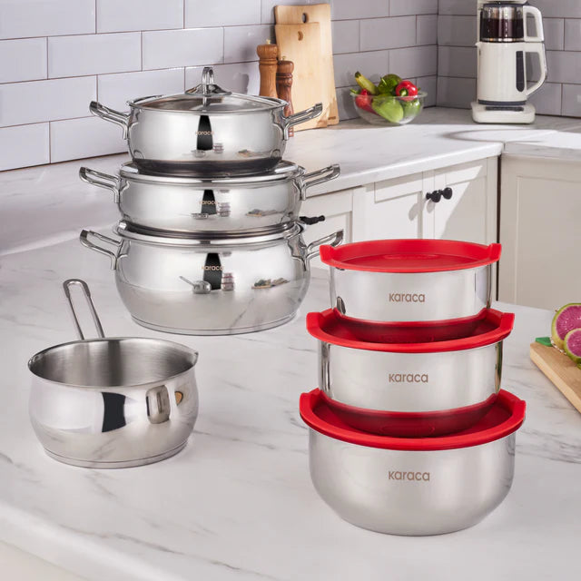 Karaca Induktions Stahl Kochgeschirr Set mit Vorratsbehälter, 13 Teilig